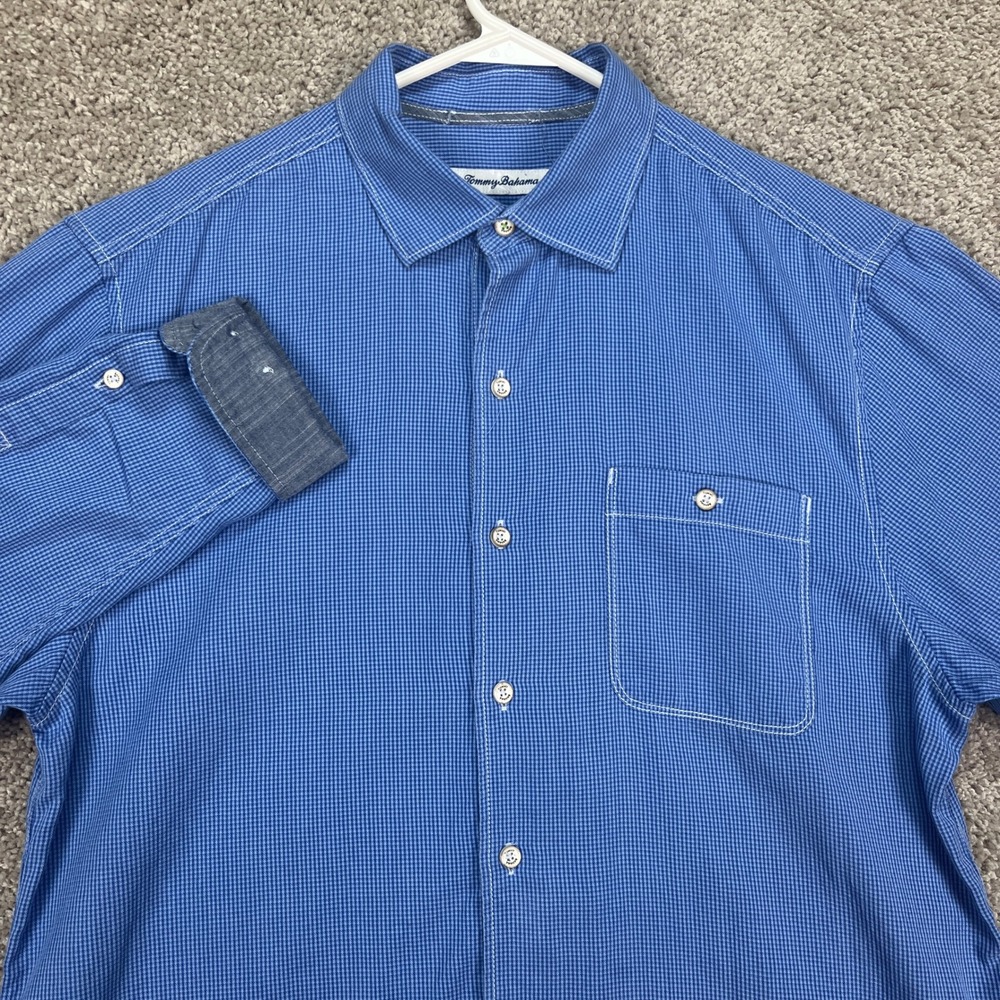 Tommy Bahama Mens M Blue Houndstooth Check Long Sleeve Button Up Shirt Flip Cuff